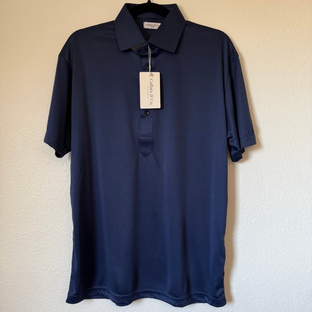Collars & Co Mens Dress Collar Polo Shirt Navy Blue Stretch Performance Medium